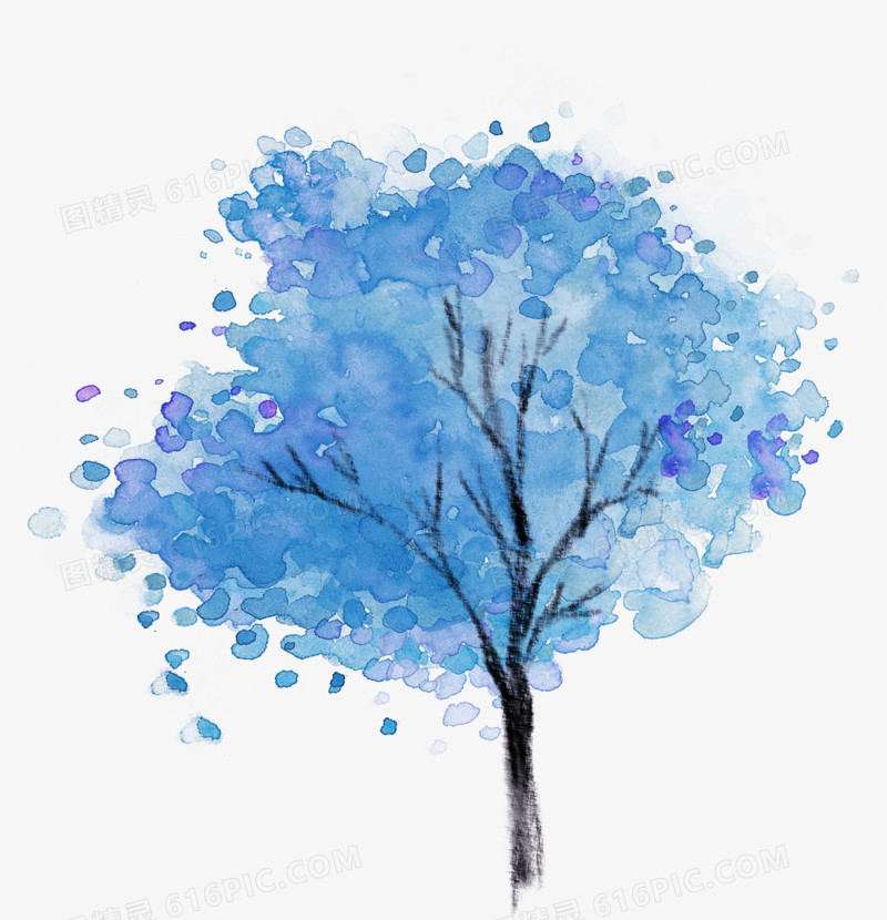 手绘蓝色树木冬季美景