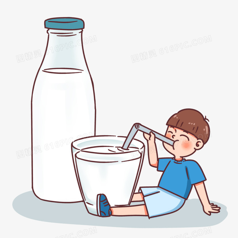 手绘卡通男孩吸管喝牛奶创意素材
