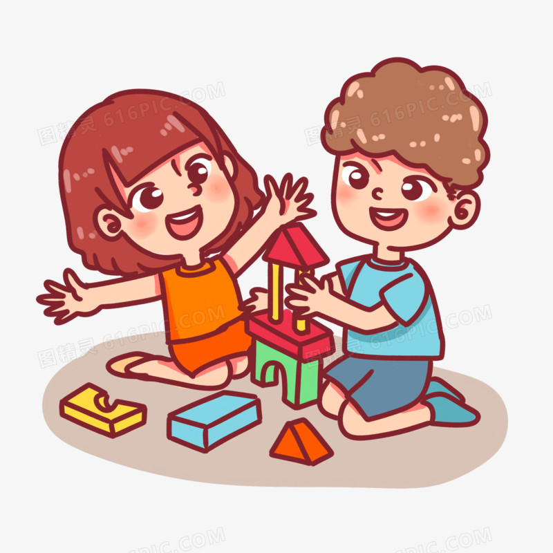 孩子小孩玩耍开心搭积木积木玩积木人物手绘卡通免抠元素图精灵为您