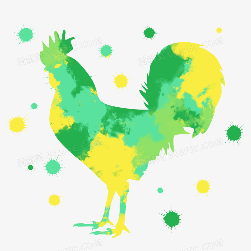 十二生肖公鸡绿色泼墨剪影装饰素材
