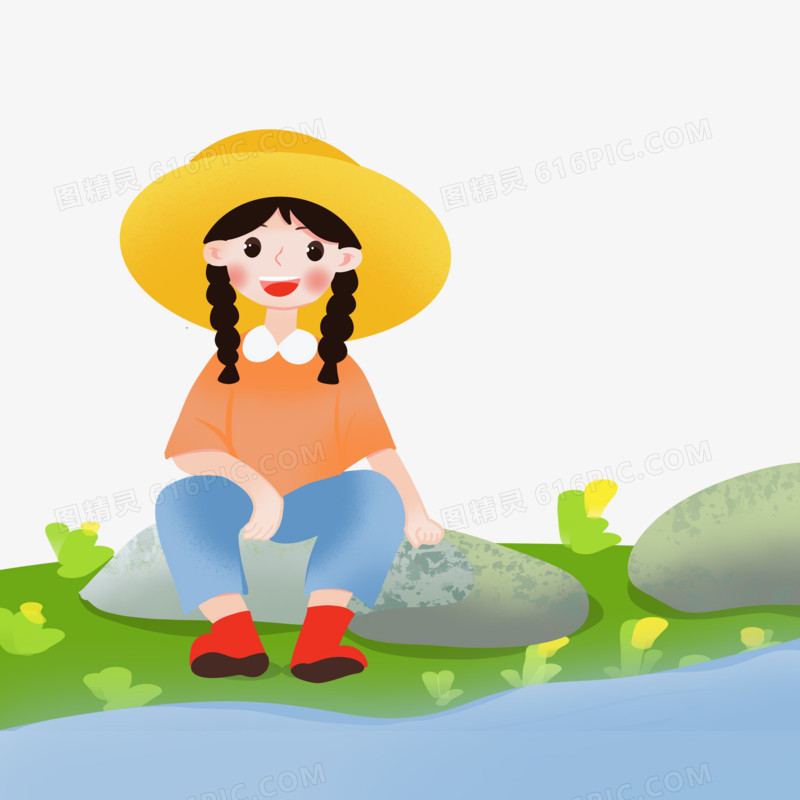 手绘夏天坐在小河边的女孩免抠素材