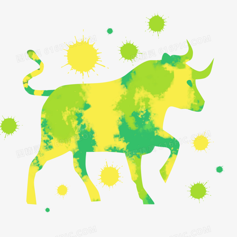 十二生肖牛绿色泼墨剪影装饰素材