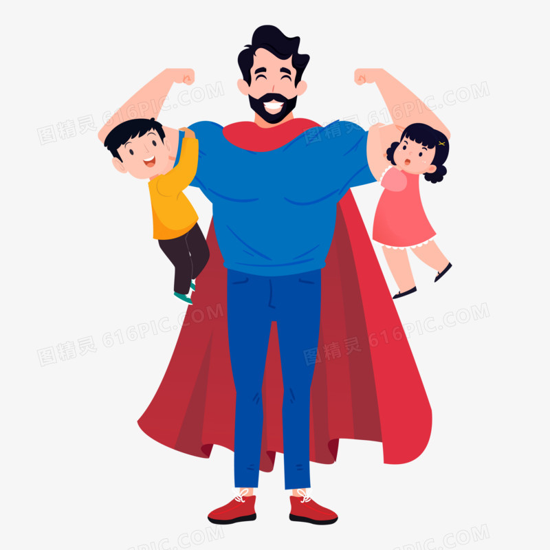 卡通手绘超人爸爸和两个孩子免抠素材