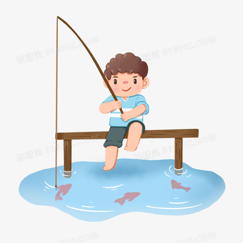 手绘夏季小孩钓鱼场景元素