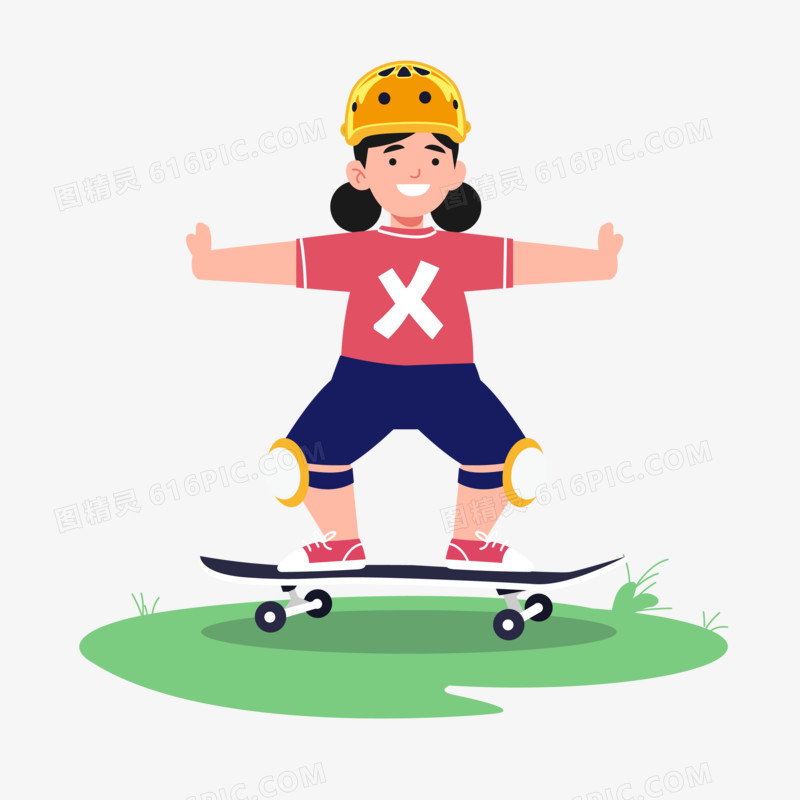 卡通手绘女孩在滑板上保持平衡免抠素材