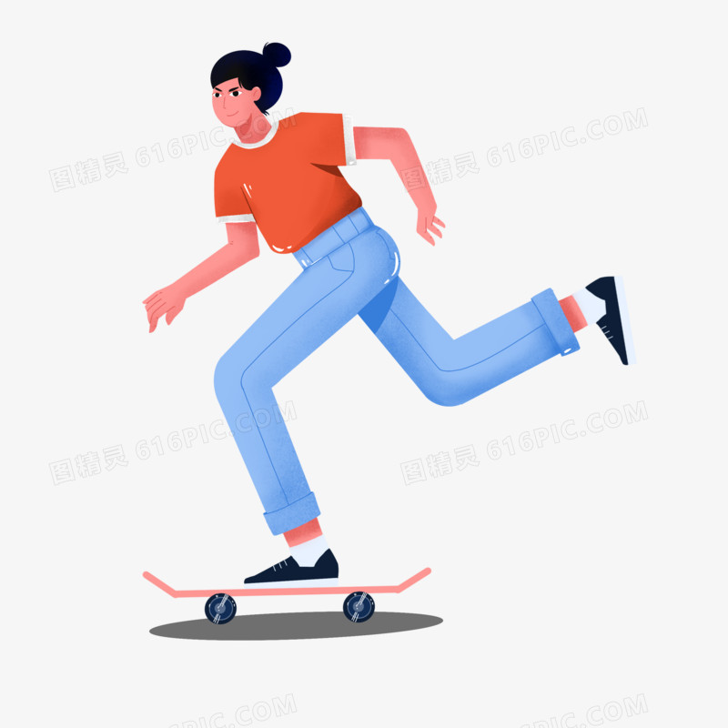 手绘女孩玩滑板免抠素材