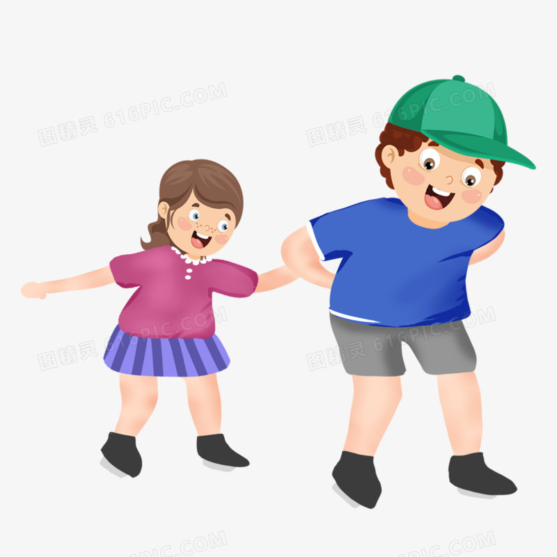 卡通手绘两个小朋友玩轮滑元素