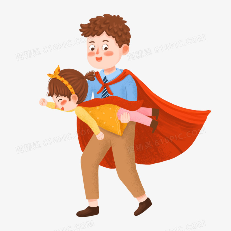 卡通手绘超人爸爸抱着女儿免抠元素