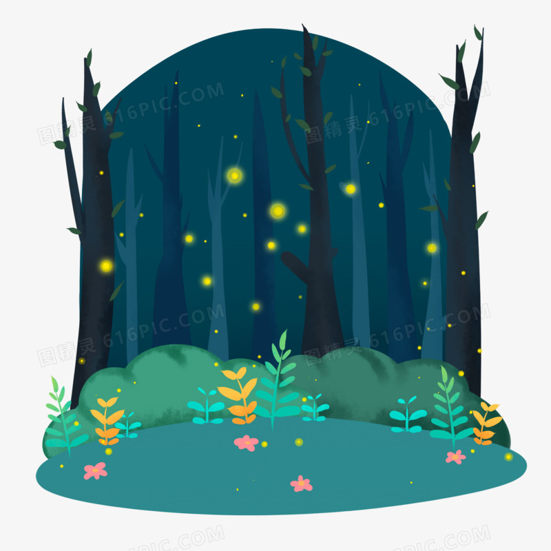 卡通手绘夜晚萤火虫场景素材