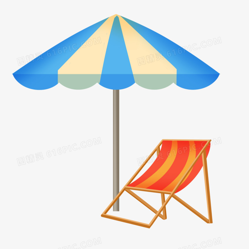 手绘卡通太阳伞和沙滩椅免抠素材