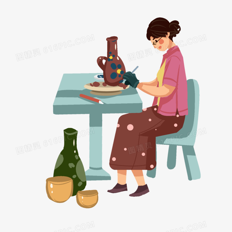 手绘文艺女性绘制泥罐免抠素材
