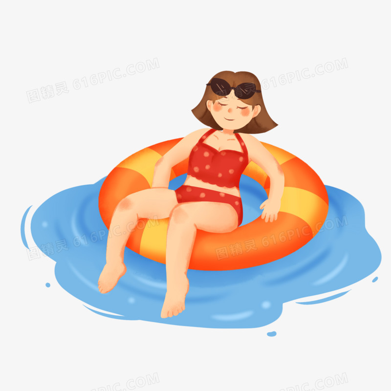 手绘卡通女孩坐在游泳圈惬意躺着免抠素材
