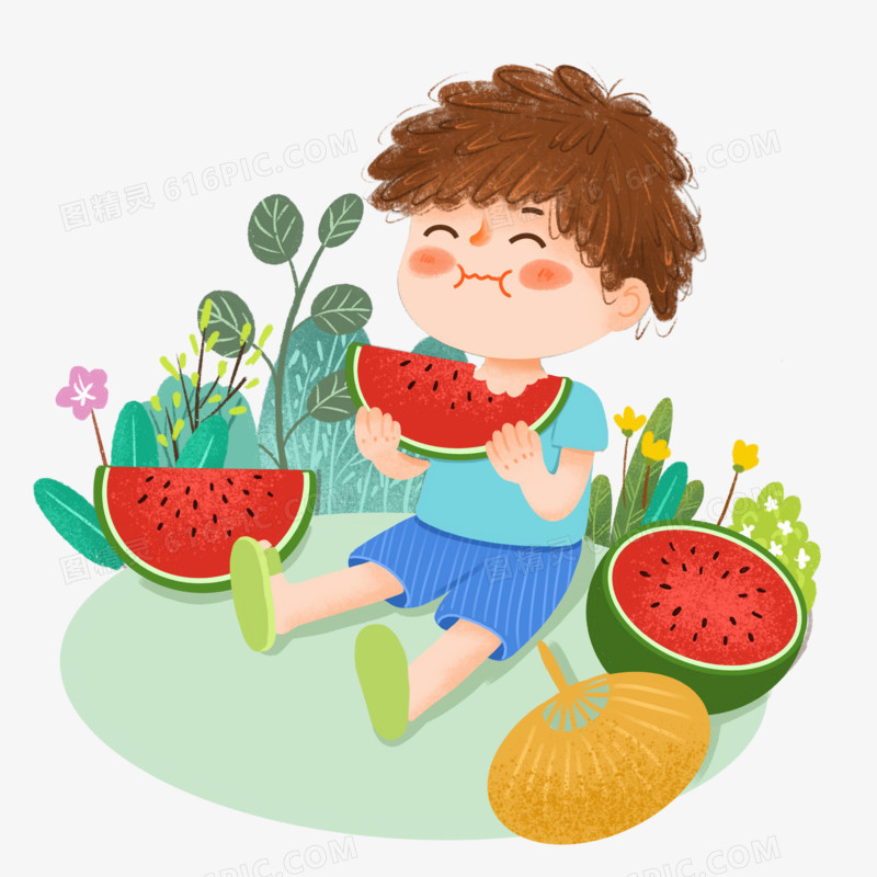 手绘卡通小男孩开心吃西瓜免抠元素