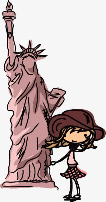 和自由女神像合影的小女孩