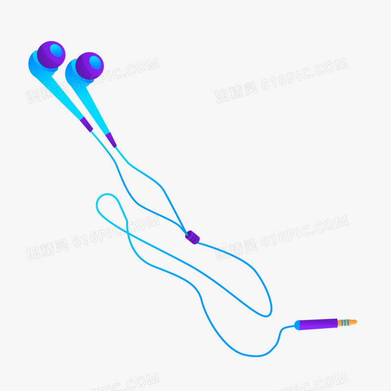 手绘蓝紫色渐变有线耳机免抠素材