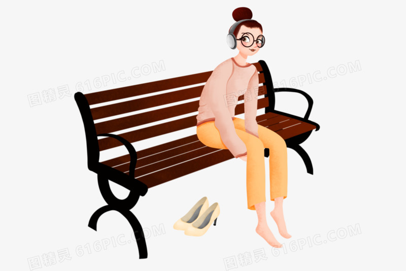 手绘卡通女孩坐在长椅上听音乐免抠元素