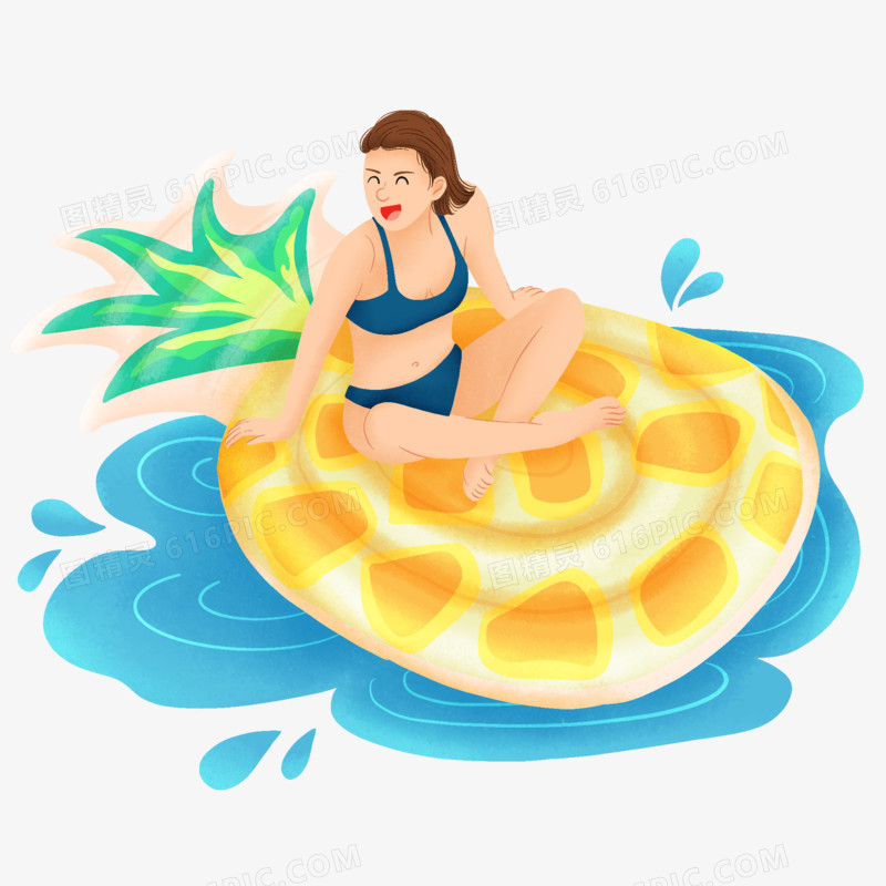 手绘卡通女生坐在大菠萝上玩水免抠素材