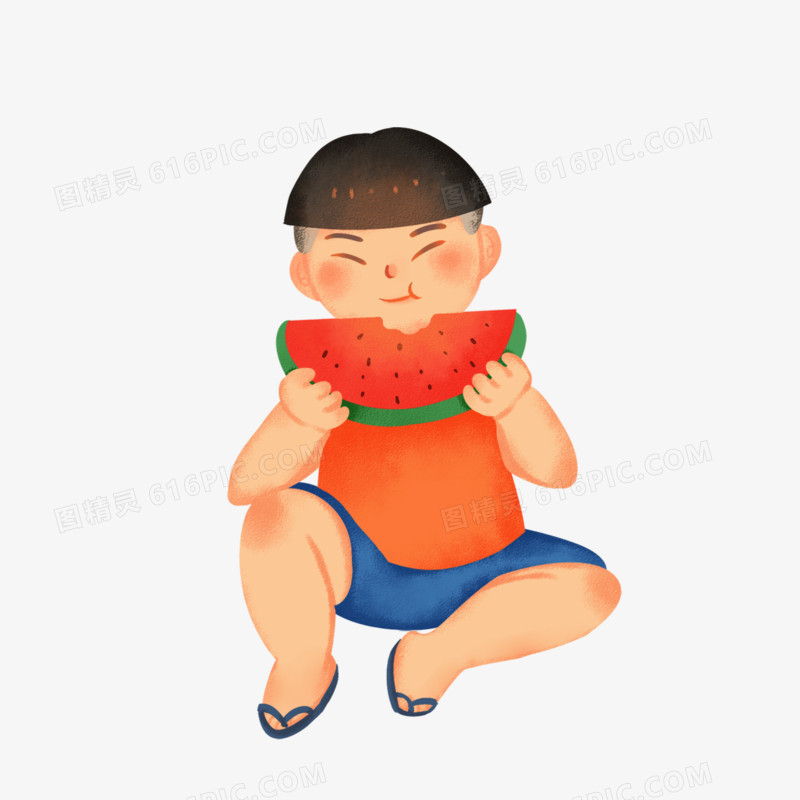 卡通手绘男孩吃西瓜免抠元素