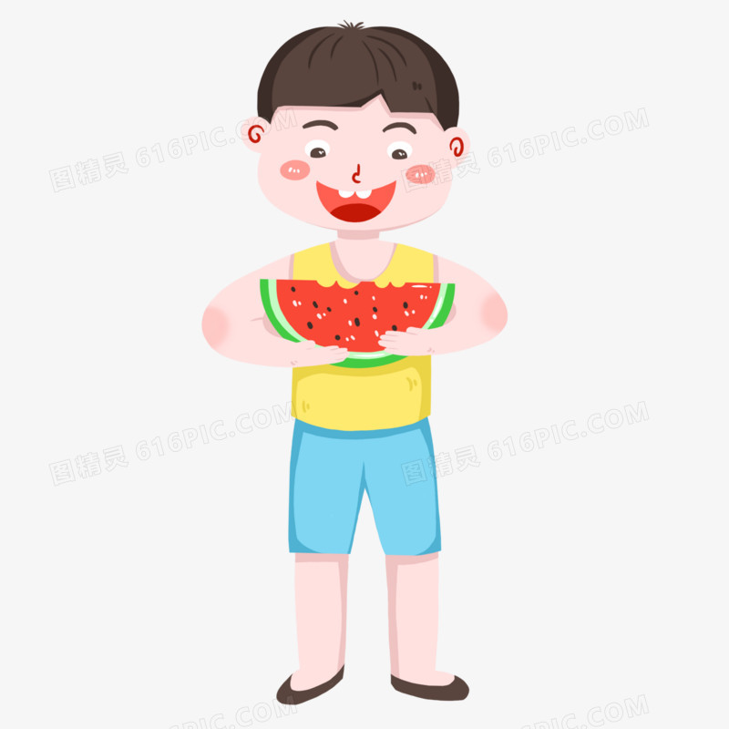 卡通手绘吃西瓜的男孩免抠元素
