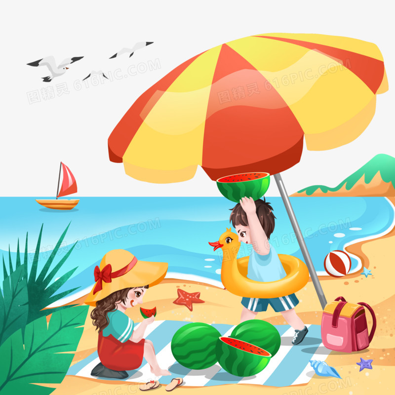 手绘夏季海滩吃西瓜免抠元素