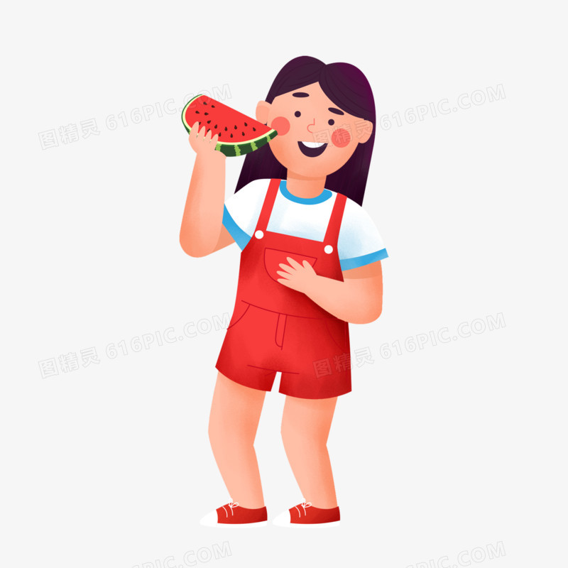 手绘卡通小女孩吃西瓜水果元素