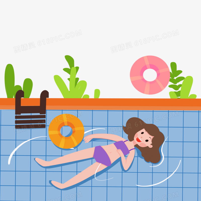 手绘卡通小女孩躺在泳池里免抠素材