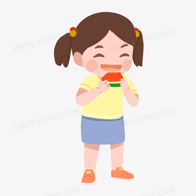 手绘可爱小女孩吃西瓜免抠素材