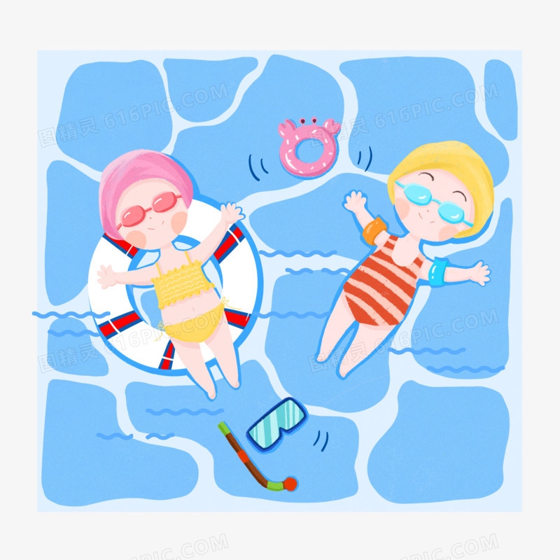 手绘插画风小孩在泳池里玩耍免抠素材