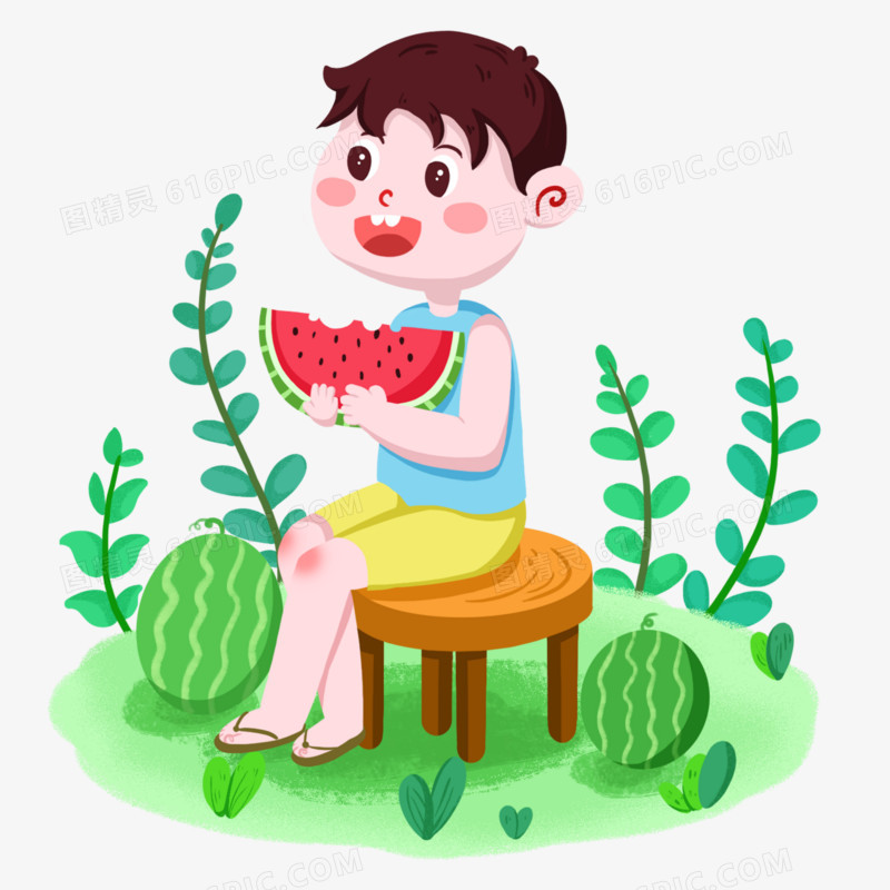 手绘卡通男孩坐着吃西瓜场景素材