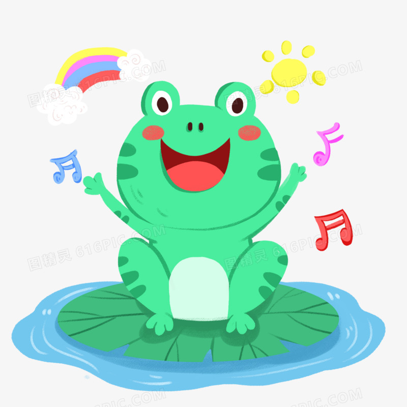手绘卡通开心唱歌小青蛙免抠素材