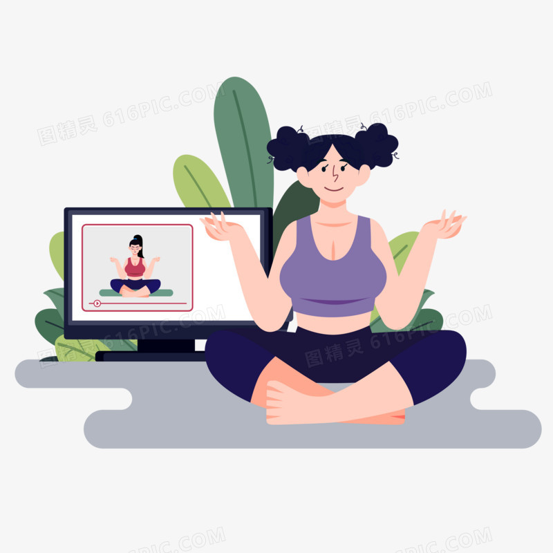 卡通手绘少女跟着视频做瑜伽锻炼免抠元素