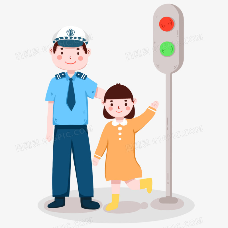 卡通手绘警察叔叔帮助小女孩过马路免抠元素