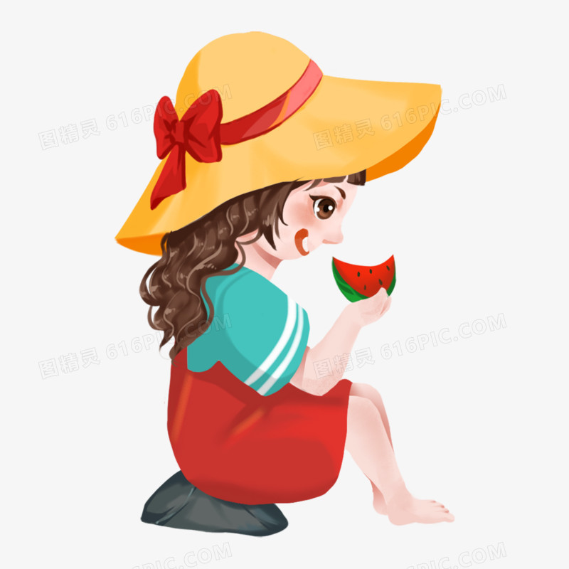 卡通手绘女孩戴帽子吃西瓜免抠元素