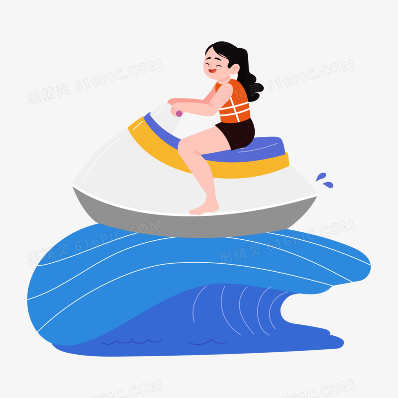 卡通手绘女孩玩水上游艇免抠元素