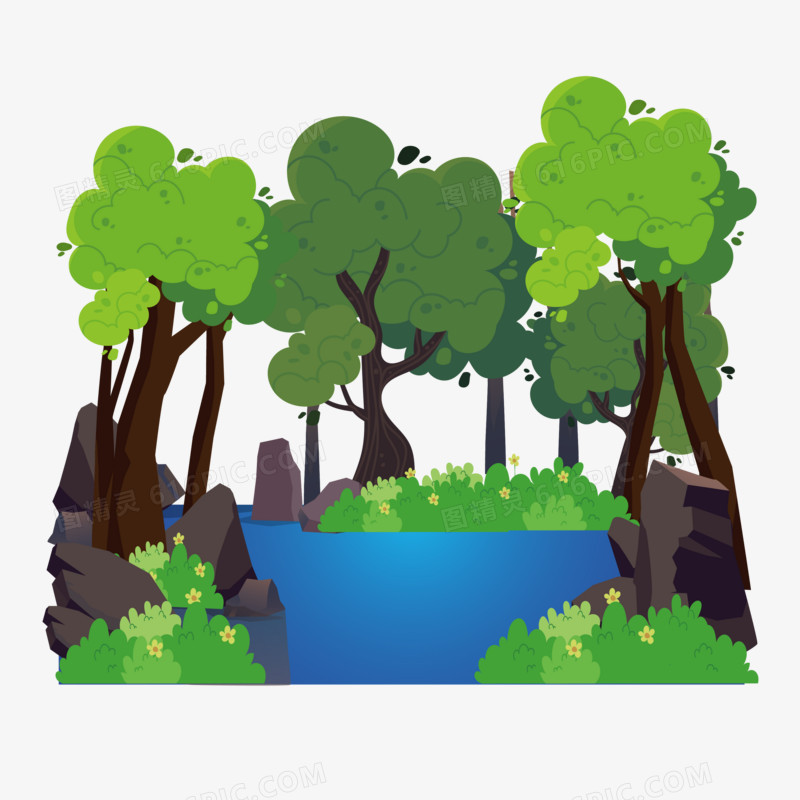 手绘小溪和树林免抠元素