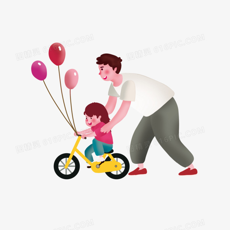 卡通手绘爸爸带娃学自行车免抠元素