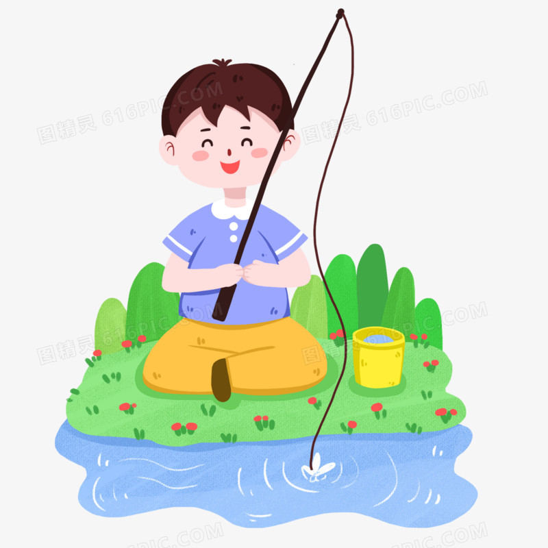 手绘小男孩坐草地上钓鱼场景元素