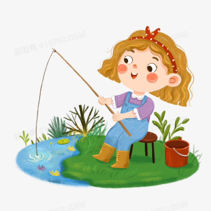 戴着毛线帽手拿钓鱼竿的卡通女孩与宠物猫插画图片下载-正版图片402542120-摄图网