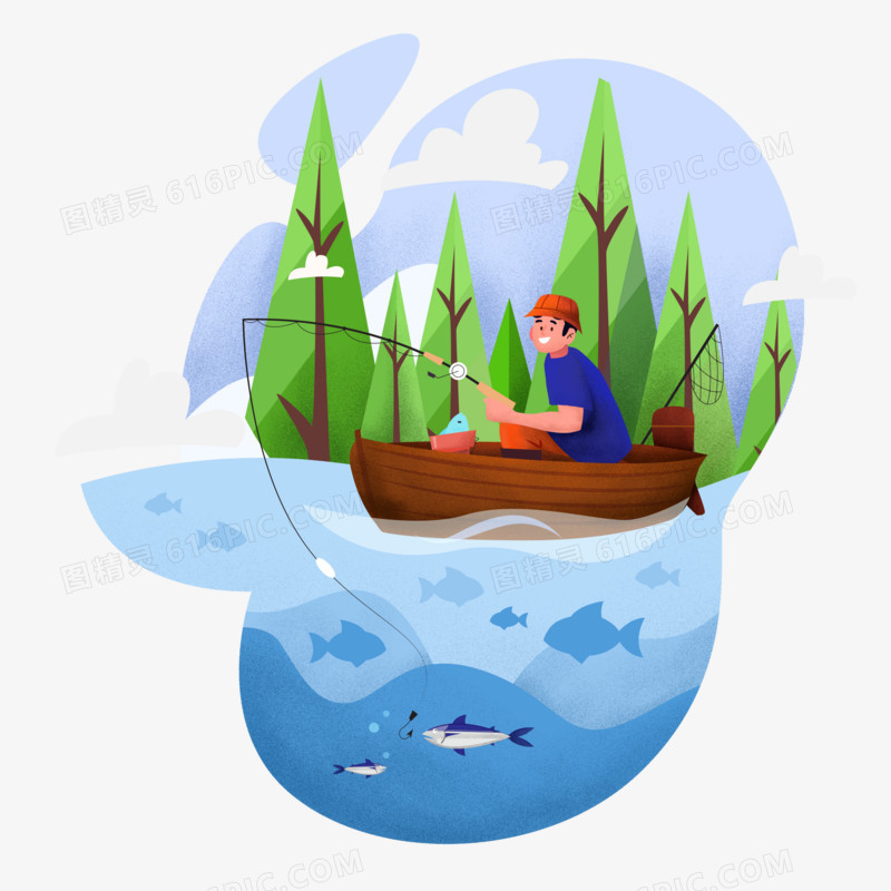 手绘卡通男孩划船钓鱼元素