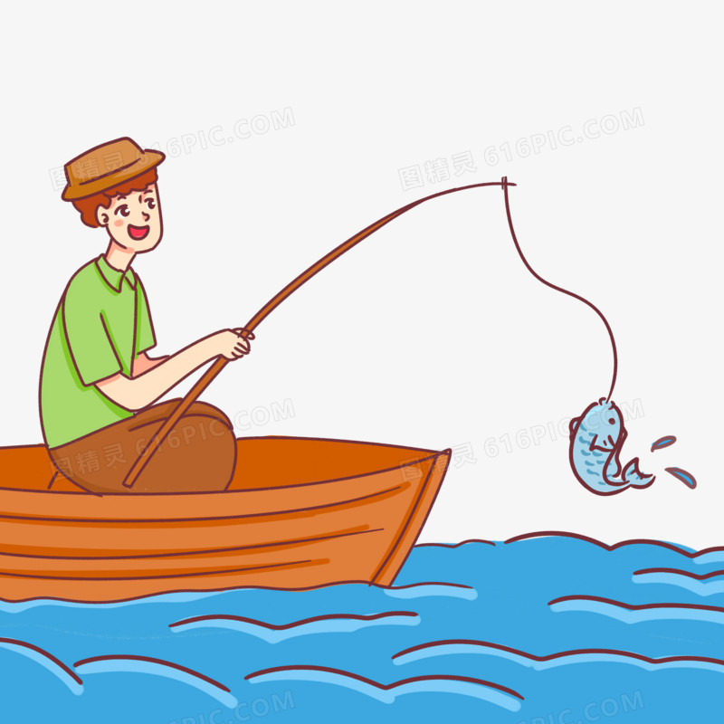 手绘卡通男孩坐船钓鱼素材