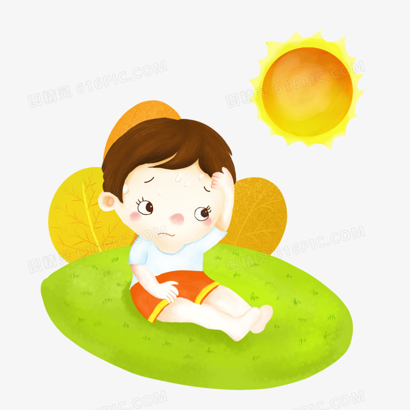 卡通手绘天气炎热小男孩中暑不适元素