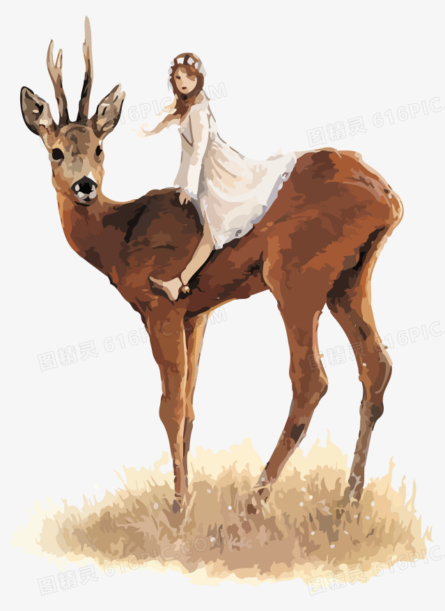 手绘插画女孩骑鹿