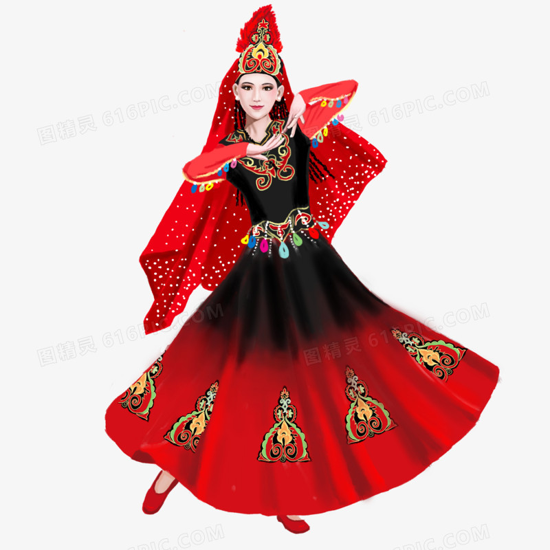 手绘维吾尔族少女跳舞场景元素