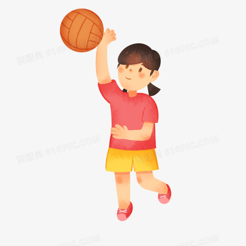 手绘卡通女孩运动打排球免抠素材