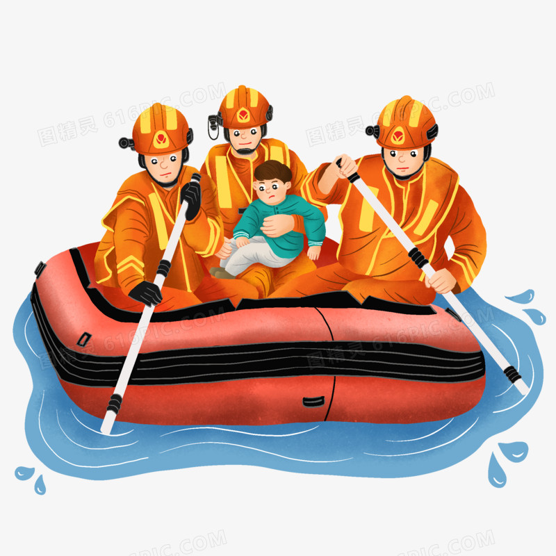 手绘消防员划皮艇救援抗洪场景元素