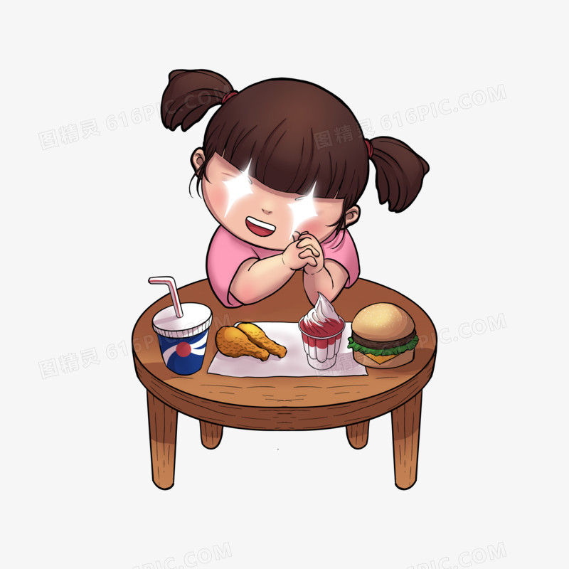 手绘卡通小女孩吃零食大餐免抠元素