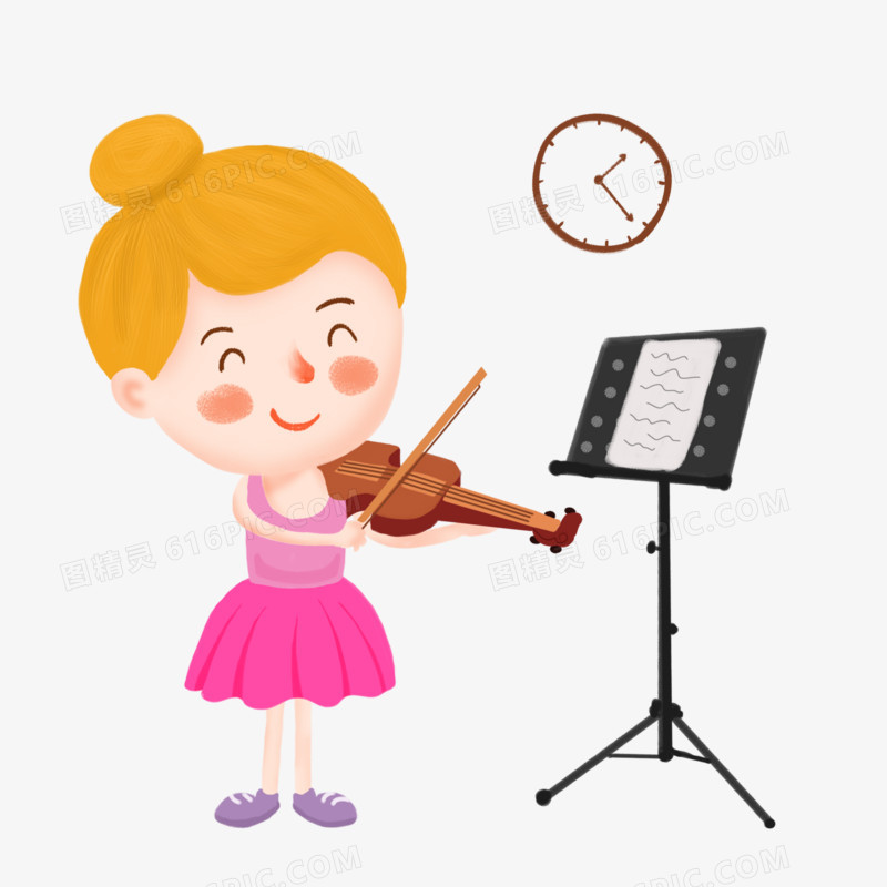 卡通手绘练习小提琴的女孩元素