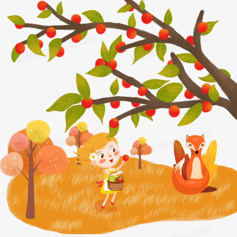 卡通手绘秋天小女孩摘柿子免抠插画元素