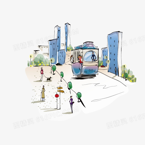 手绘城市建筑 插画 手绘 城市街道 巴士