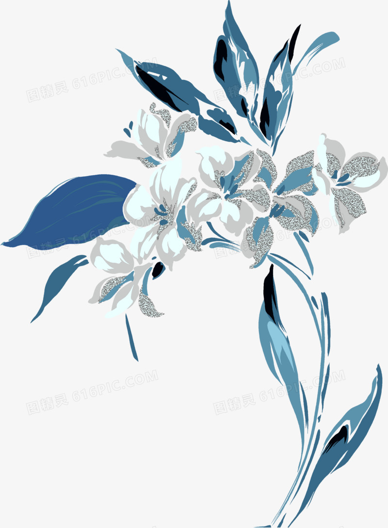 创意合成水彩蓝色的花卉盆栽